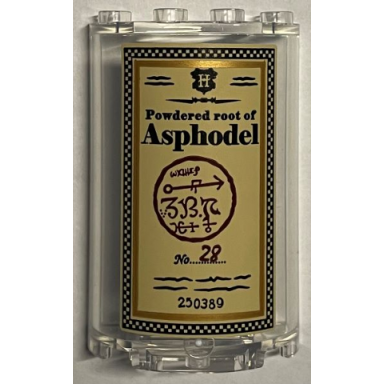 trans-clear cylinder half 2 x 4 x 5 with 1 x 2 cutout with black powdered root of asphodel pattern sticker - set 76391