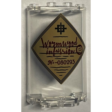 trans-clear cylinder half 2 x 4 x 5 with 1 x 2 cutout with reddish brown wormwood infusrion infusion and no-080293 pattern sticker - set 76391