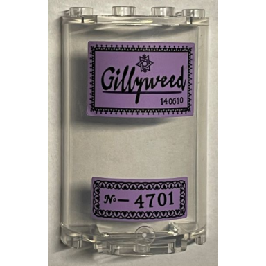 trans-clear cylinder half 2 x 4 x 5 with 1 x 2 cutout with black gillyweed and no-4701 pattern stickers - set 76391