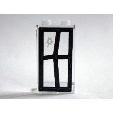 trans-clear panel 1 x 2 x 3 with side supports - hollow studs with black window frame bent with hole in top left pane pattern sticker - set 75904