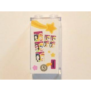 trans-clear panel 1 x 2 x 3 with side supports - hollow studs with yellow star photo booth pictures and silver coin 5 pattern sticker - set 41058