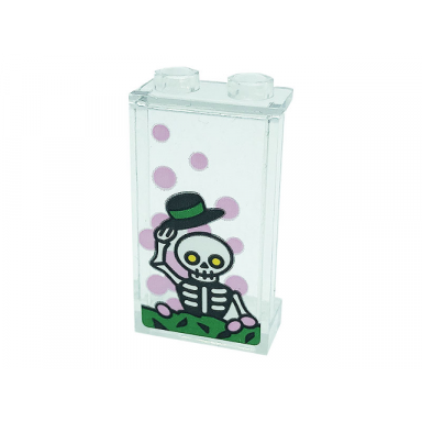 trans-clear panel 1 x 2 x 3 with side supports - hollow studs with bright pink dots skeleton and black hat pattern sticker - set 76388
