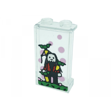 trans-clear panel 1 x 2 x 3 with side supports - hollow studs with bright pink dots and minifigure pattern sticker - set 76388