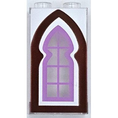trans-clear panel 1 x 2 x 3 with side supports - hollow studs with reddish brown arched window with medium lavender lattice on white background pattern