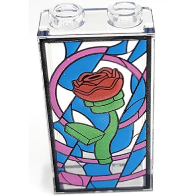 trans-clear panel 1 x 2 x 3 with side supports - hollow studs with dark azure and dark pink stained glass window with bright green and red rose pattern