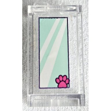 trans-clear panel 1 x 2 x 3 with side supports - hollow studs with light aqua mirror and dark pink paw print pattern sticker - set 41404