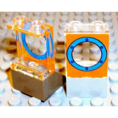 trans-clear panel 1 x 2 x 2 with side supports - hollow studs with blue porthole on orange background pattern