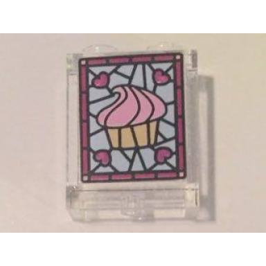 trans-clear panel 1 x 2 x 2 with side supports - hollow studs with cupcake and magenta hearts stained glass pattern sticker - set 41119