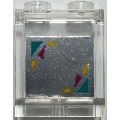 trans-clear panel 1 x 2 x 2 with side supports - hollow studs with dark turquoise magenta and bright light orange triangles on mirrored background pattern sticker - set 41344