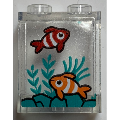 trans-clear panel 1 x 2 x 2 with side supports - hollow studs with red and orange fish in tank dark turquoise stones and plants pattern sticker - set 60330