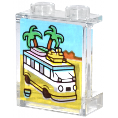 trans-clear panel 1 x 2 x 2 with side supports - hollow studs with camper van and palm trees pattern sticker - set 31147