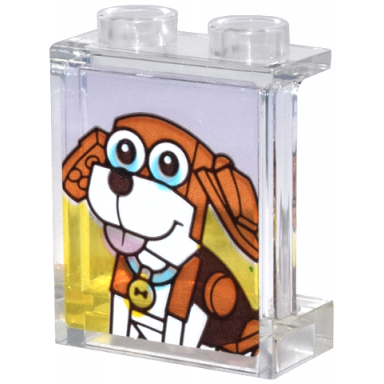 trans-clear panel 1 x 2 x 2 with side supports - hollow studs with reddish brown and white dog with collar pattern sticker - set 31147