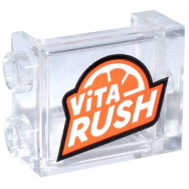 trans-clear panel 1 x 2 x 2 with side supports - hollow studs with orange and white vita rush logo pattern sticker - set 76269