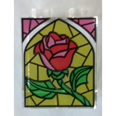 trans-clear panel 1 x 2 x 2 with side supports - hollow studs with red bright green lime and dark pink stained glass rose pattern