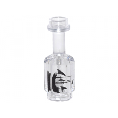 trans-clear minifigure utensil bottle with black sailing ship on pedestal pattern