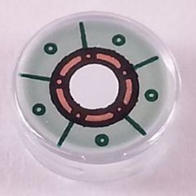 trans-clear tile round 1 x 1 with sand green iron man chest reactor pattern