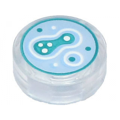 trans-clear tile round 1 x 1 with bright light blue dark turquoise and white cell culture in petri dish pattern