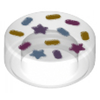 trans-clear tile round 1 x 1 with bright light blue dark pink lavender and yellow sprinkles and stars pattern