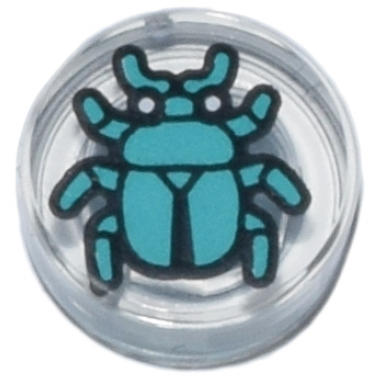 trans-clear tile round 1 x 1 with dark turquoise beetle pattern