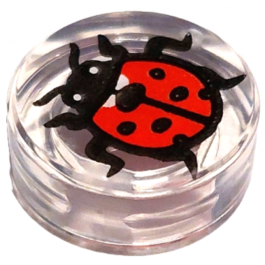 trans-clear tile round 1 x 1 with ladybug small white eyes and black antennae pattern