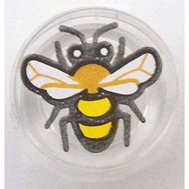 trans-clear tile round 1 x 1 with black medium nougat and yellow bee with white eyes and wings pattern