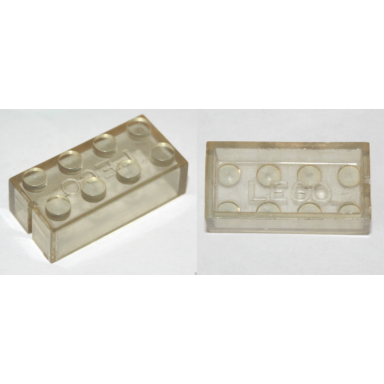 trans-clear brick 2 x 4 without bottom tubes slotted with 1 slot