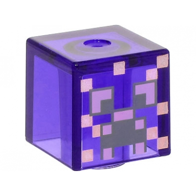 trans-purple minifigure head modified cube with pixelated dark bluish gray and medium lavender eyes and open mouth frown metallic pink spots pattern minecraft enchanted creeper