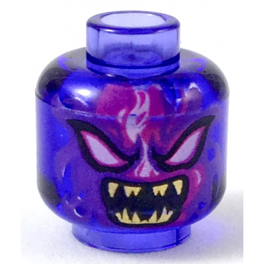trans-purple minifigure head alien with white eyes dark purple and magenta flames and open mouth with sharp gold teeth pattern
