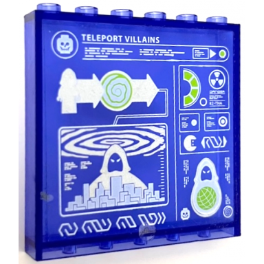 trans-purple panel 1 x 6 x 5 with screen with silver and lime arrows diagrams portal teleport villains antimatter minifigure and skeleton head pattern sticker - set 70172