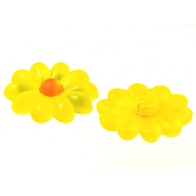 trans-neon yellow clikits icon flower 10 petals 2 x 2 large with pin frosted with glued trans-neon orange center cabochon