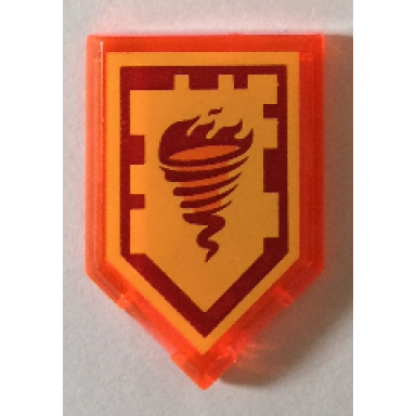 trans-neon orange tile modified 2 x 3 pentagonal with nexo power shield pattern - fire tornado