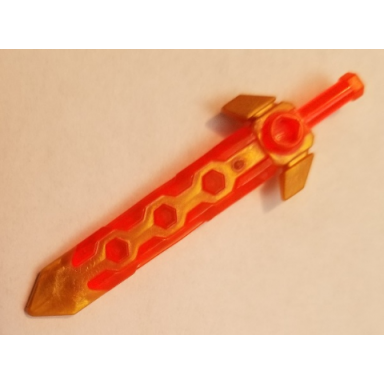 trans-neon orange minifigure weapon sword long with molded flexible rubber pearl gold tip and angular crossguard pattern