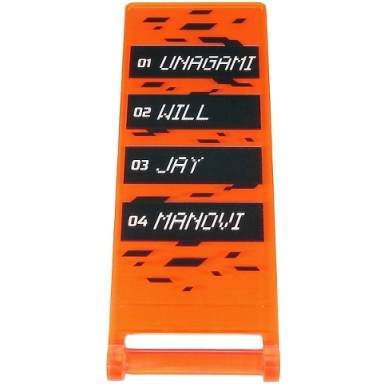 trans-neon orange flag 7 x 3 with bar handle with white 01 unagami 02 will 03 jay and 04 manovi on black rectangles pattern sticker - set 71712