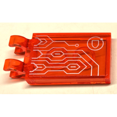 trans-neon orange tile modified 2 x 3 with 2 open o clips with silver circuitry and shield in circle pattern model left side sticker - set 72001