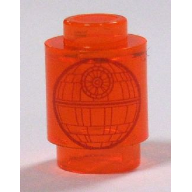 trans-neon orange brick round 1 x 1 with sw death star pattern