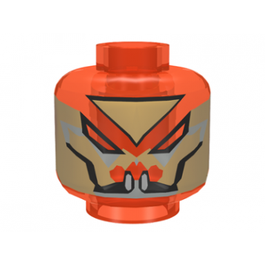 trans-neon orange minifigure head alien with gold paint slanted eyes and white teeth pattern