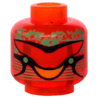 trans-neon orange minifigure head alien with green brain and yellow mouth pattern