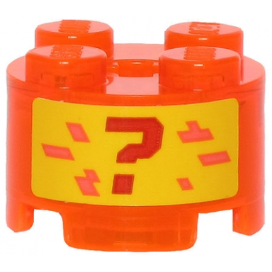 trans-neon orange brick round 2 x 2 with axle hole with red question mark and coral pixels on yellow background pattern sticker - set 71707
