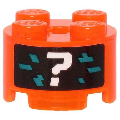 trans-neon orange brick round 2 x 2 with axle hole with white question mark and dark turquoise pixels on black background pattern sticker - set 71713