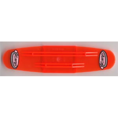 trans-neon orange duplo train action brick intelli-train with black cargo on white oval with silver curved arrow pattern on both ends
