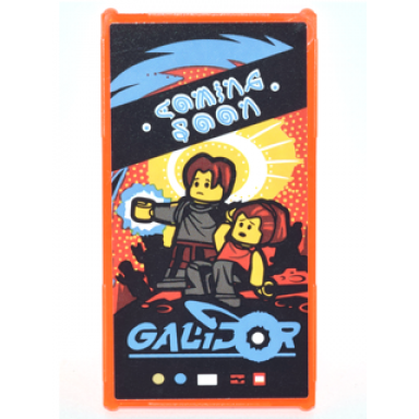 trans-neon orange glass for window 1 x 4 x 6 with movie poster with blue galidor coming soon and 2 minifigures pattern sticker - set 70620