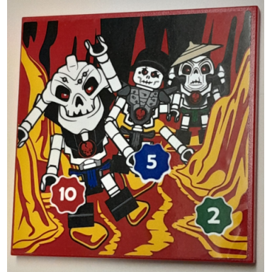 red tile 6 x 6 with ninjago samukai chopov and wyplash minifigures in lava white number 2 5 and 10 in green blue and red starburst pattern sticker - set 40429