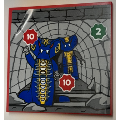 red tile 6 x 6 with ninjago skales and slithraa minifigures in tunnel white number 2 and 10 in green and red starburst pattern sticker - set 40429