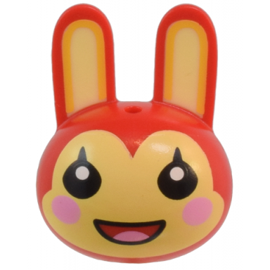minifigure head modified bunny rabbit with molded bright light yellow inner ears and printed bright light yellow face with black eyes bright pink circles on cheeks and open mouth smile with tongue pattern
