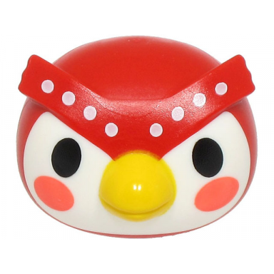 minifigure head modified owl with molded white face and printed black eyes coral cheeks yellow beak and white dots on eyebrows pattern