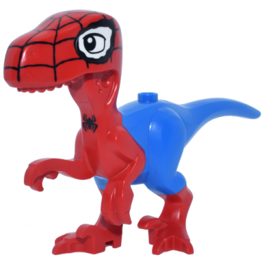 dinosaur body raptor with molded blue pants and tail and white eye patches and printed black eyes webbing and spider pattern spidey-rex