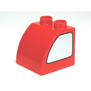 red duplo brick 2 x 2 x 1 1 2 slope curved with metallic silver window pattern on both sides