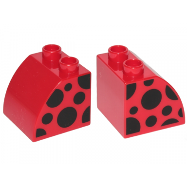red duplo brick 2 x 2 x 1 1 2 slope curved with ladybug black spots pattern on both sides
