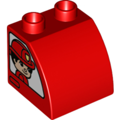 duplo brick 2 x 2 x 1 1 2 slope curved with fireman girl on one side and fireman boy on other side pattern