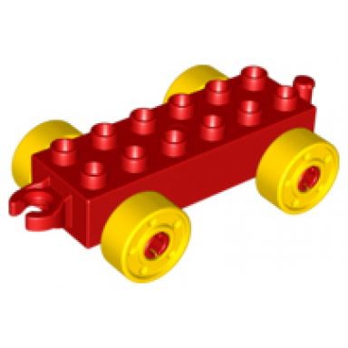 red duplo car base 2 x 6 with open hitch end and yellow wheels with fake bolts